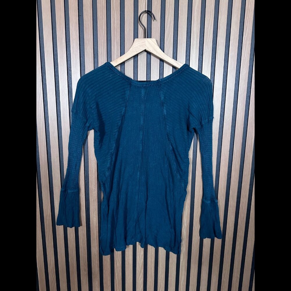 Free People Top XS Womens Blue Teal Crewneck Thermal Knit Long Sleeve - Picture 2 of 8